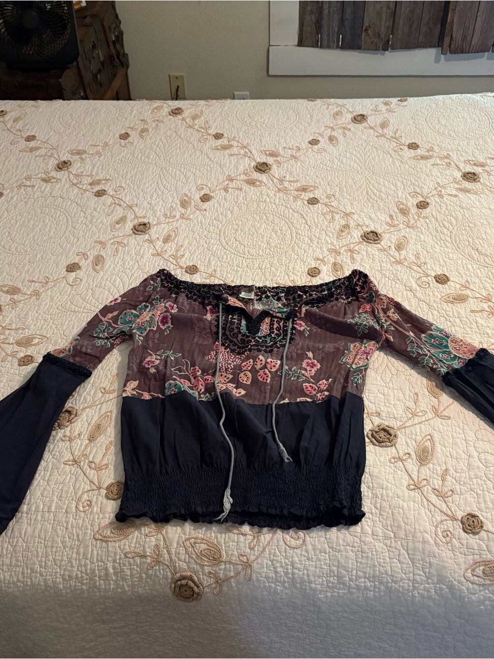 Boho Off-Shoulder Peasant Top in Plum and Navy